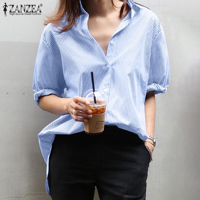 

ZANZEA Женская повседневная блузка в полоску с отложным воротником и длинными рукавами