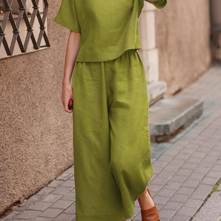 2023 European & American Women's Linen Casual Loose Solid Color Two-Piece Set