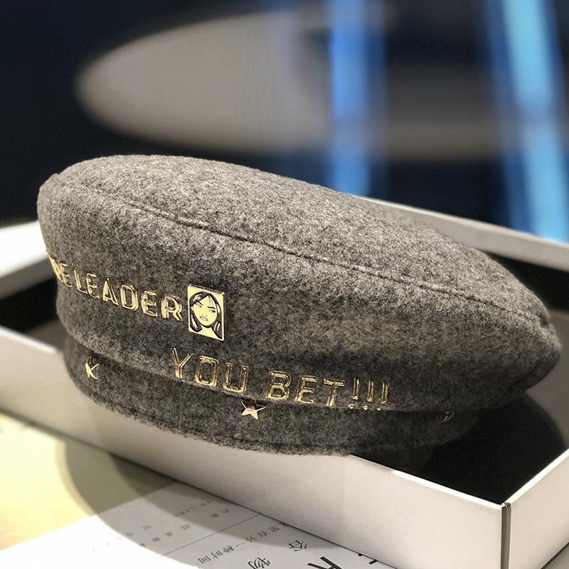 Golden Letter Rivet Decoration Woolen Beret Women Autumn and Winter British Retro Painter Hat Ladies Bud Hat