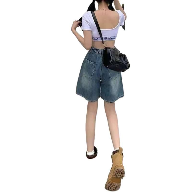 Women's Small American Style Denim Shorts - Summer Slimming, Versatile Wide-Leg Pants