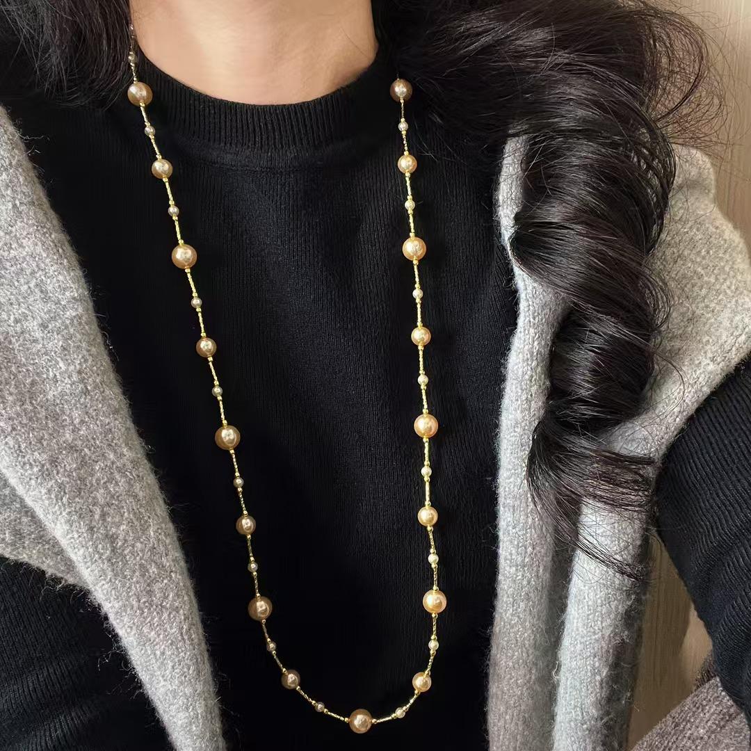 Vintage Design Highlight Faux Crystal Pearl Clavicle Chain Necklace Sweater Chain