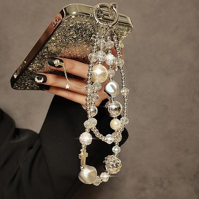 Short Mobile Phone Lanyard Luxurious Pearl Crystal Diamond Bead Hand-Held Double Chain Wristband Phone Case Hanging Decoration