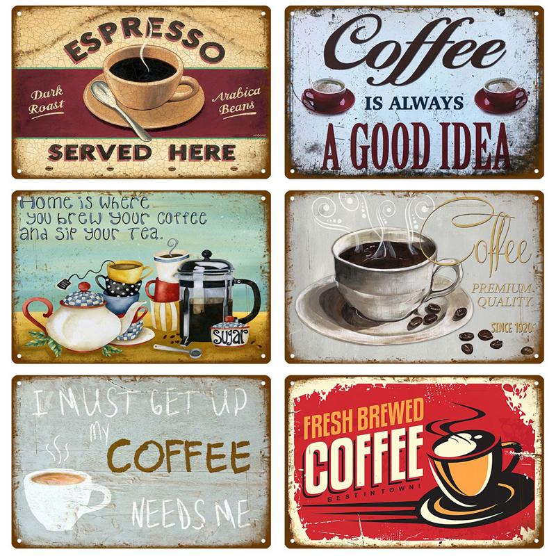 Letrero de Metal Decoración Retro Café Vintage Letrero de Lata Placa Placa de Metal Arte de Pared Pósters Para Cocina Bar Cafetería Habitación Pintura de Hierro Retro