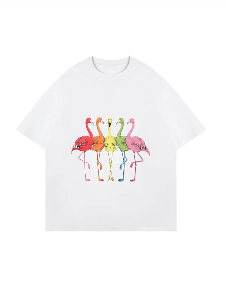 Camiseta Oversize Estampado de Flamenco Blanco Ropa Casual de Verano