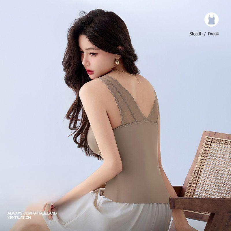 Damen Sommer Nahtloses Satin Camisole Weste mit Brustpolster BH Integriert Einfarbig Schöner Rücken Spitze Futter Top