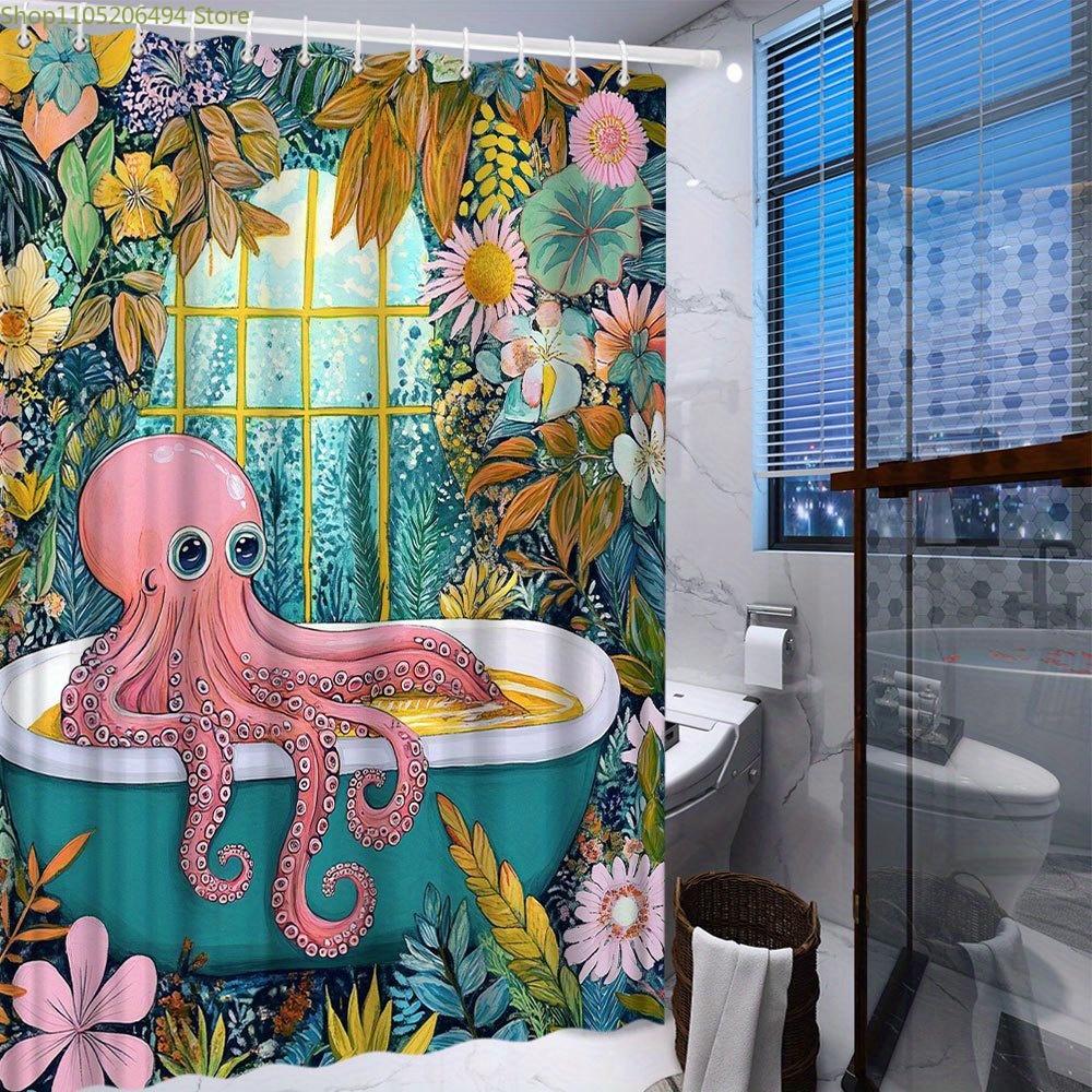 1pc Whimsical Octopus Shower Curtain - Pink Octopus Lounging in Teal Bathtub Amidst Vibrant Flowers & Greenery, Dreamlike Scen