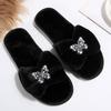 Fashion Elegant Crystal Butterfly Fur Slippers Women Warm Faux Fur House Cotton Slippers Woman Autumn Winter Open Toe Flats Slides Mujer