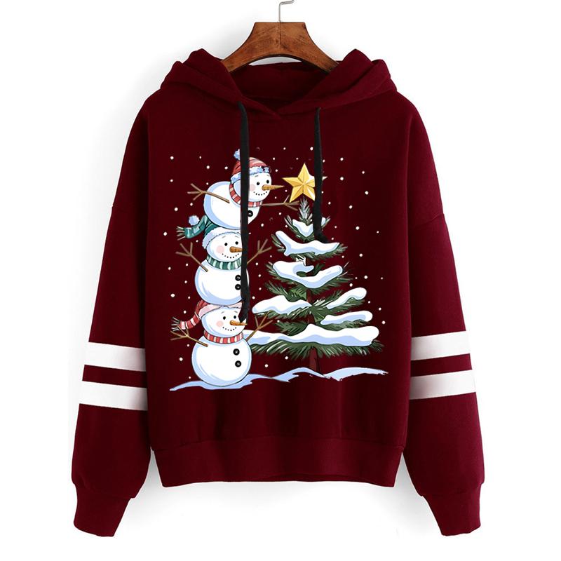 Women Cartoon Snowman Xmas Tree Graphics Sweatshirts Female Long Sleeve Drawstring Creative Hoody