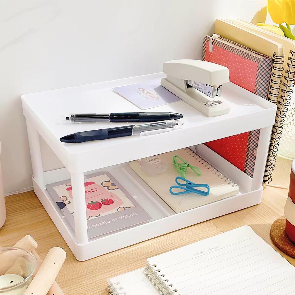 Double-Layer Desktop Storage Rack - Solid Color for Cosmetics and Stationery Organization