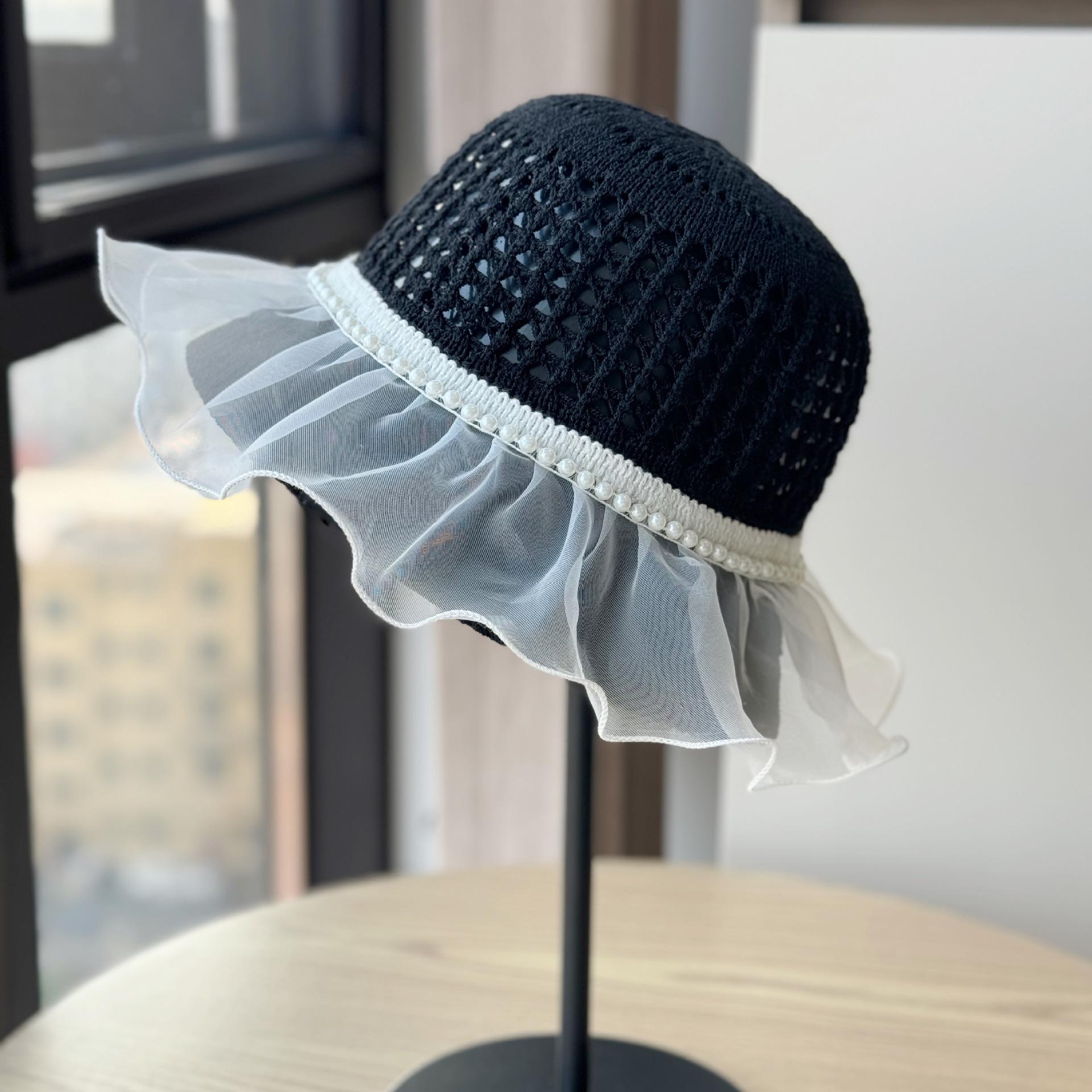 

French-style wide-brimmed sun hat for women, summer lace hand-woven pearl new mesh design, face-slimming sunshade straw hat Adult54-60Average Size чёрный