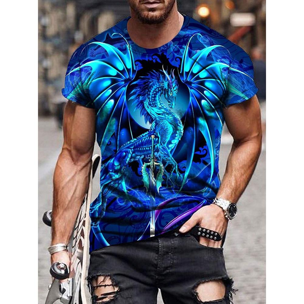 New Summer Daily Casual Men's Tops Street Fashion Dragon And Skull Printed Men's T-shirt Outdoor Sports Light Breathabl Mens Tee