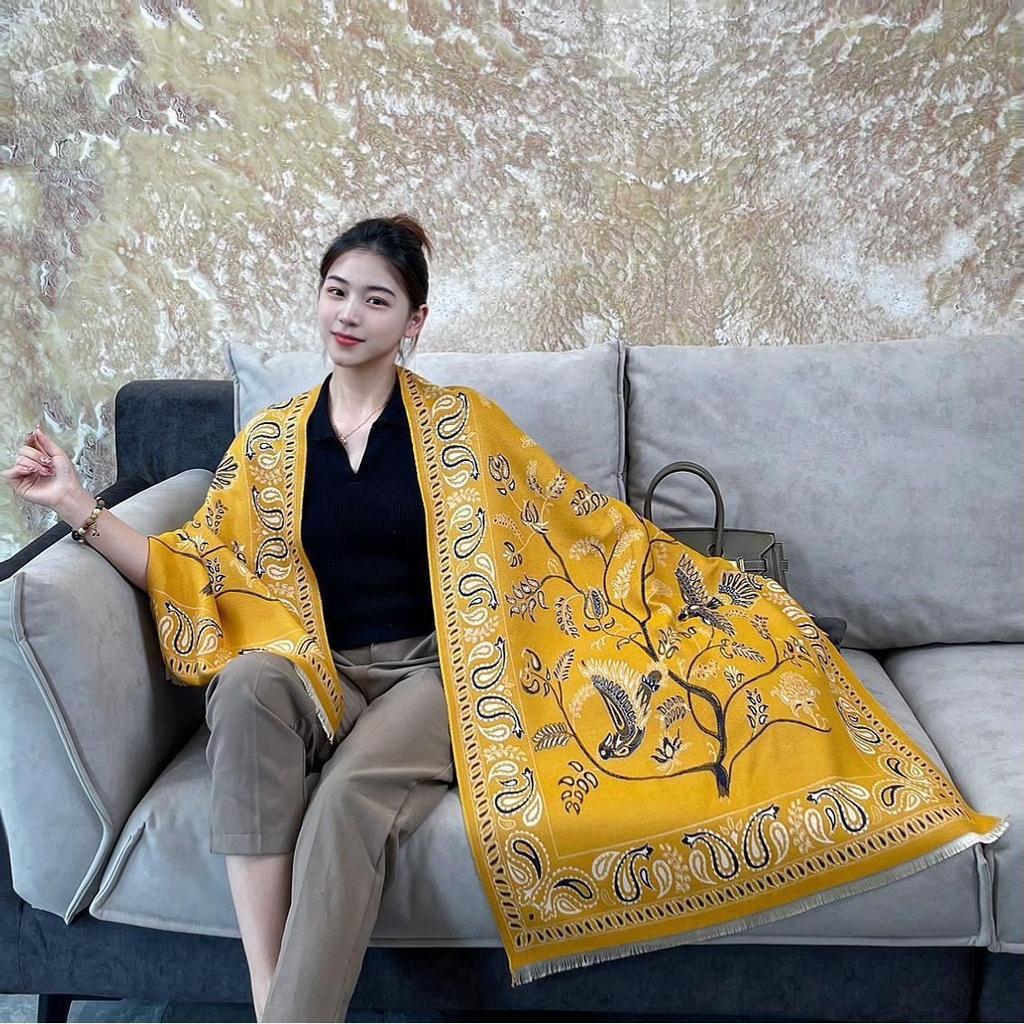 Shawl Bluebird Pattern Ethnic Style Cashew Flower Air Conditioned Room Nap Blanket Winter Warm Scarf for Women
