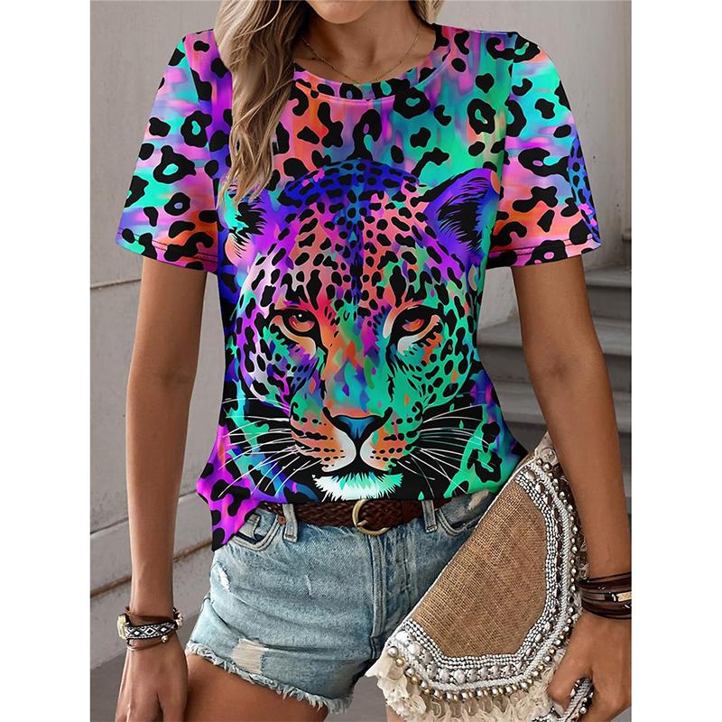 Colorful Leopard 3D Print T-Shirts Women O-Neck Casual Short Sleeve T Shirt Y2k Harajuku Streetwear Tees Tops Female Clothing