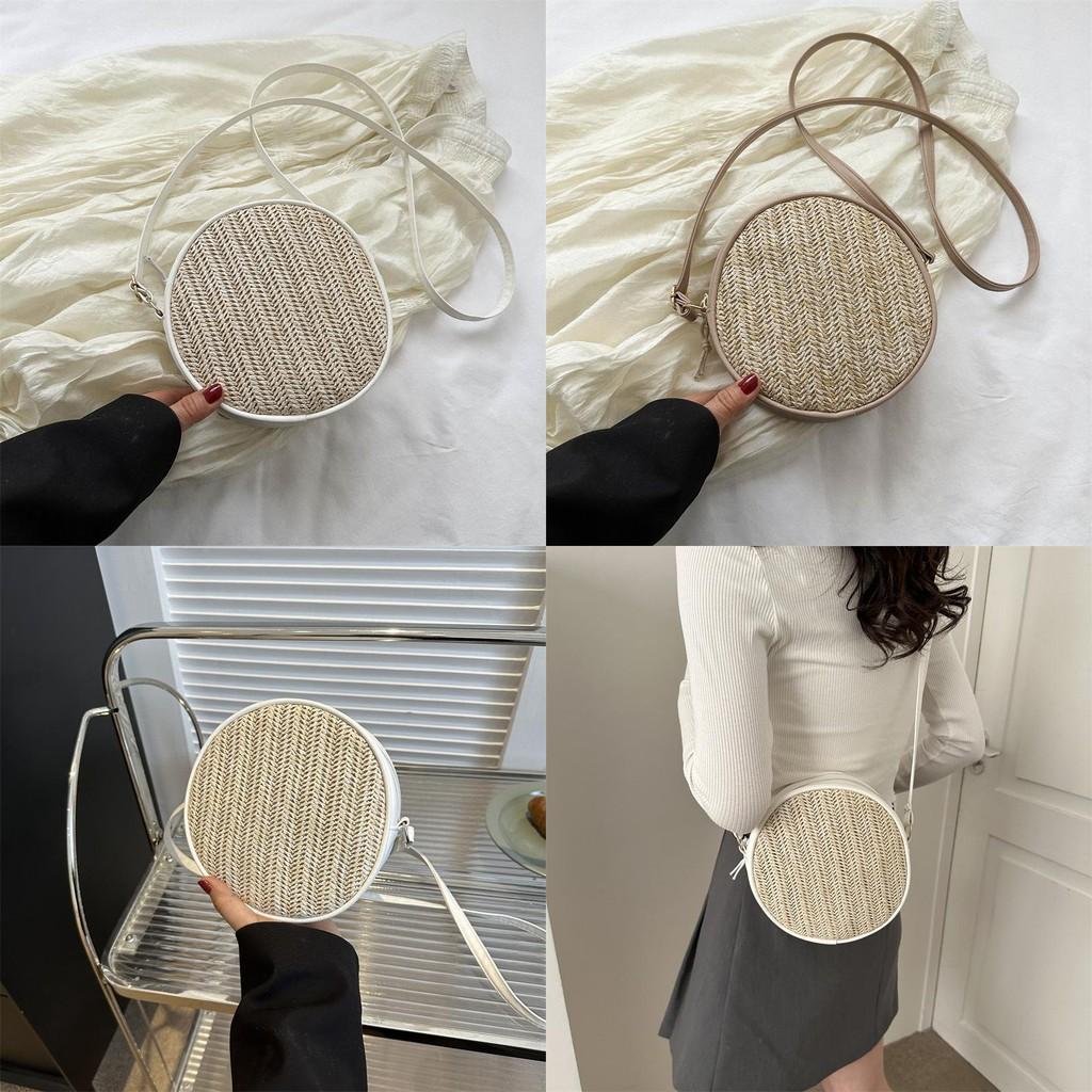Chic Woven Round Crossbody Bag For Women In Creamy White And Khaki Stylish Casual Design