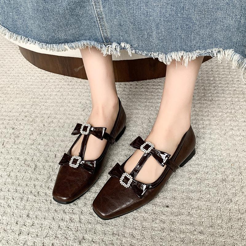 Fashion Flat Shoes Spring New Square Head Shallow Mouth Crystal Buckle Butterfly Knot Set Foot Soft Sole Non-slip Single Shoes