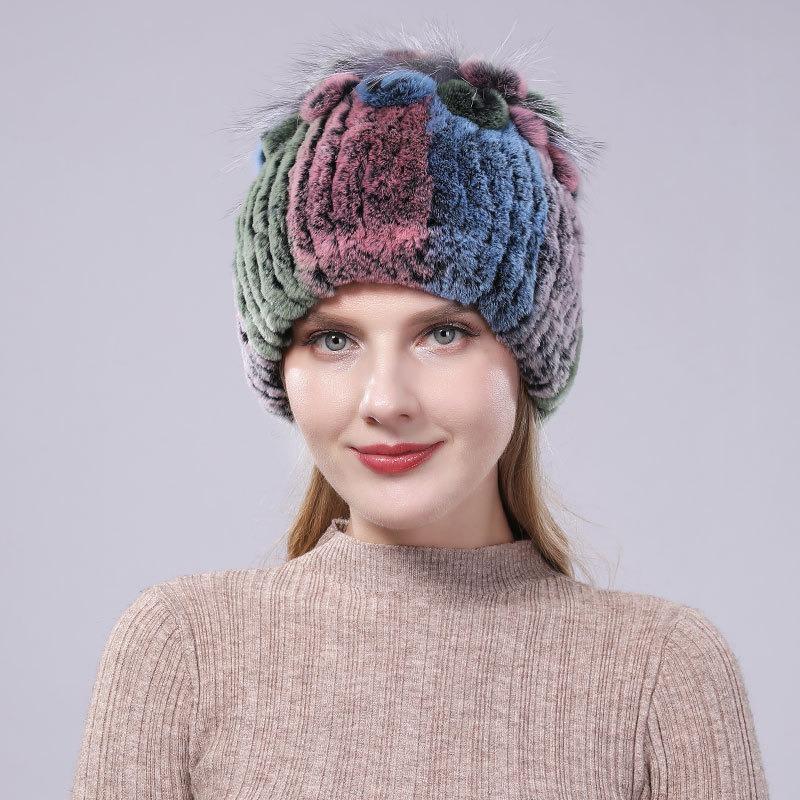 New Rex Rabbit Hair Hat Women's Winter Thickened Warm Fashion Versatile Elastic Fur Woven Hand-sewn Knitted Hat