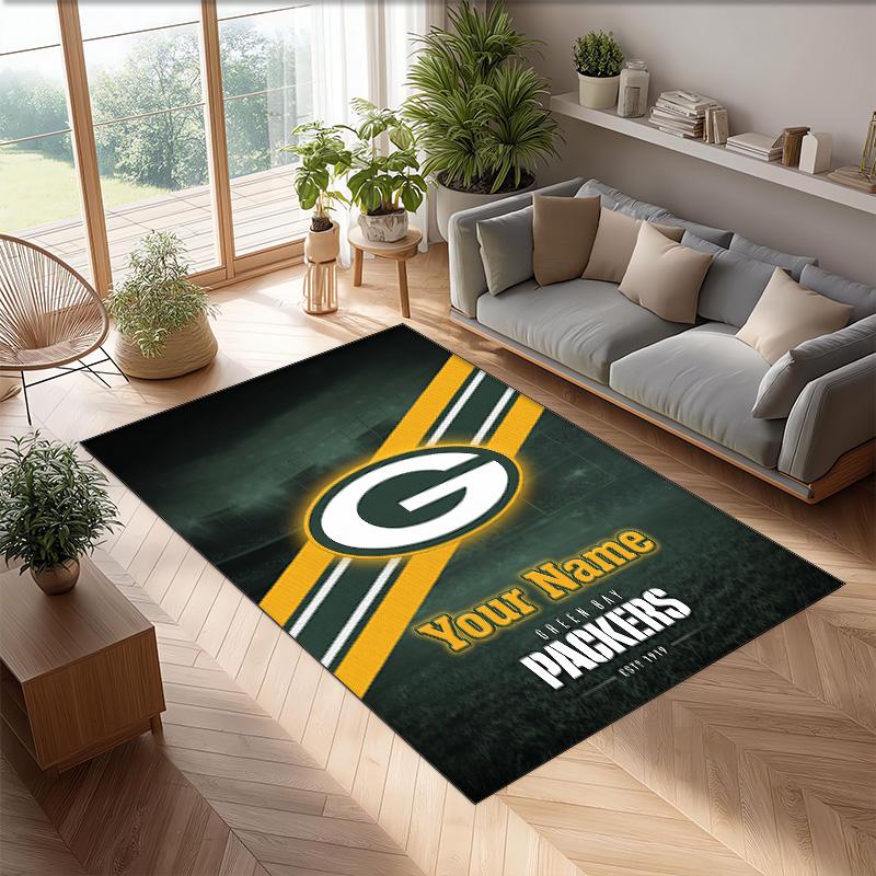 Green Bay Packers Crystal Velvet Rug, Custom Name Text Personalized Non‑Slip Floor Mat for Home Decor Gift