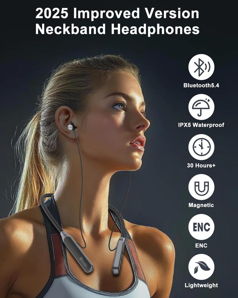 Hmusic 2025 Neckband Earphones, Bluetooth 5.4, 30+ Hours of Battery Life, IPX5 Waterproof, Multi-Point Headphones with Magnetic, Game Mode, Noise