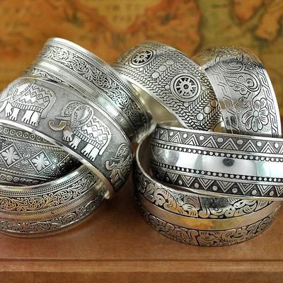 Vintage Zilveren Olifant Manchet Armband - Boheemse Etnische Stijl voor Vrouwen Patroon Olifant Brede Armband