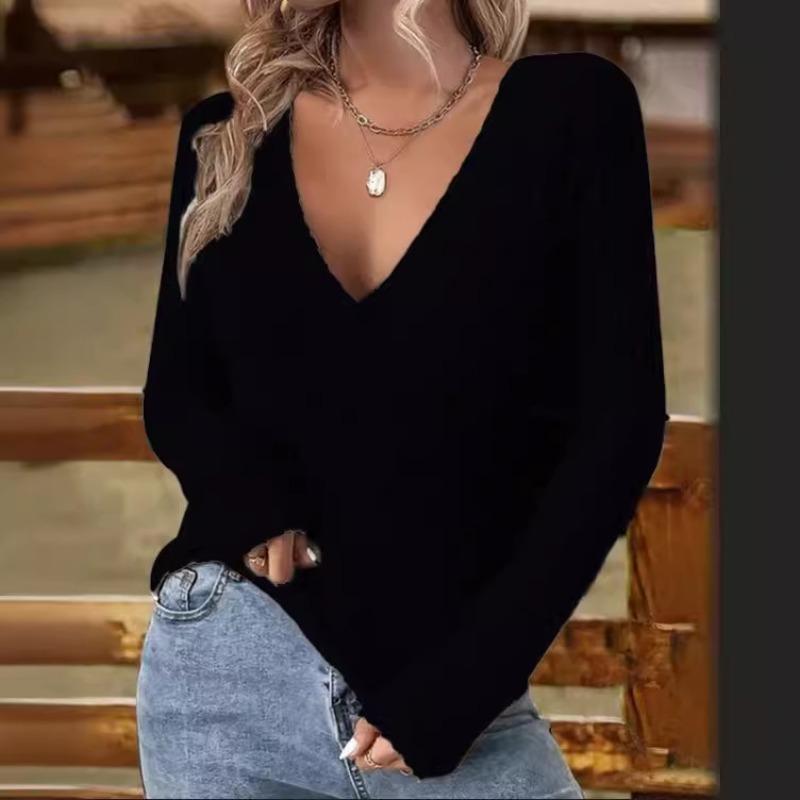 Damen Pullover & Langarmshirts Slim Fit Vielseitig Großer V-Ausschnitt Elastisch Gestrickt Rippstrick Langarm T-Shirts