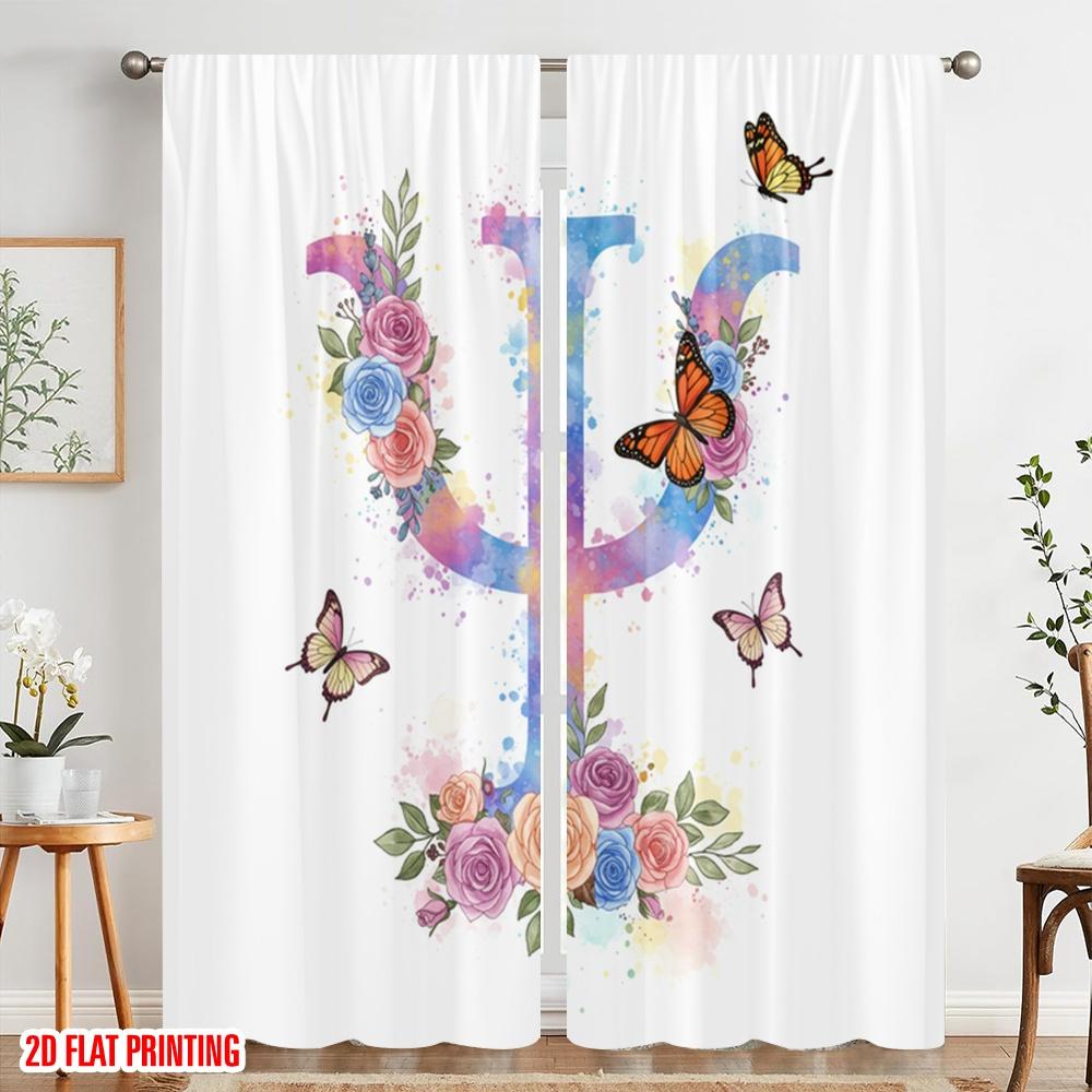 2pcs 2D flat printing Scene Curtains Psychology Butterfly Floral Polyester Without Electricity Festive Wall Decor for Indoor