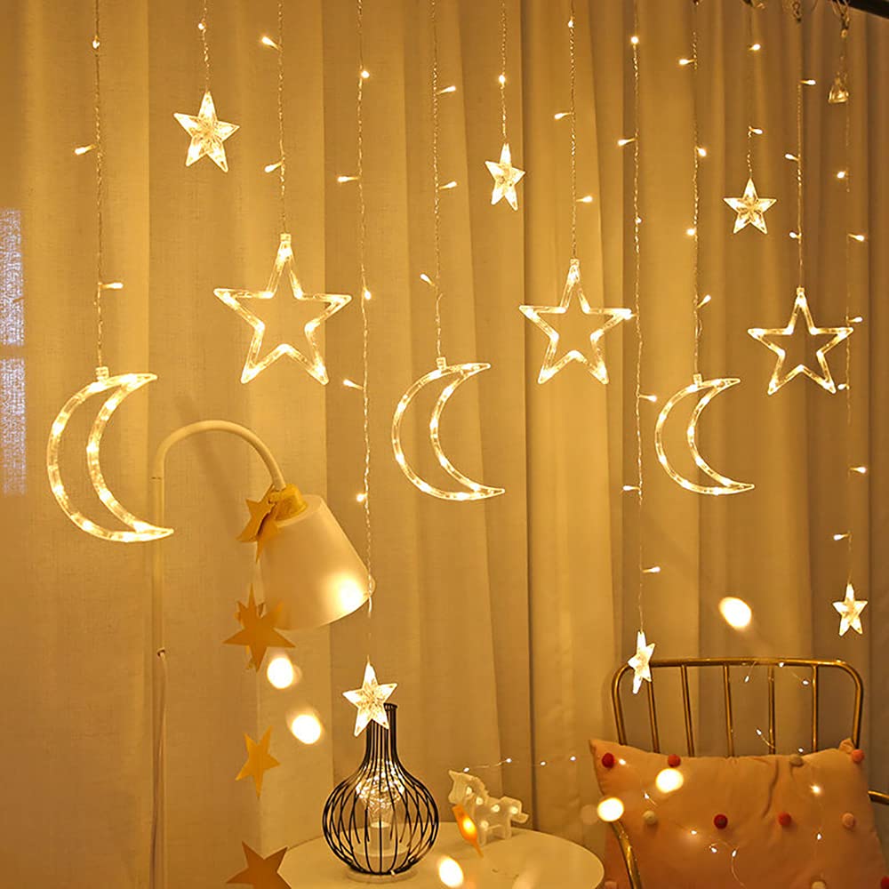 BQuel Star and Moon String Lights, 3.5m, 138 LEDs, USB Powered, 2-Way Power Supply, 8 Modes, Remote Control, Waterproof, Energy-Saving, IndoorOutdoor