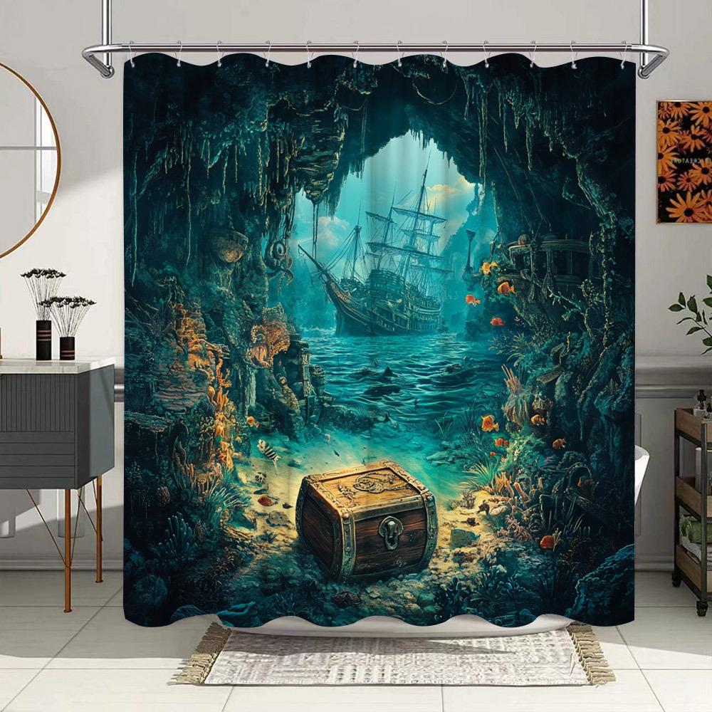 

Mystical Underwater Cave Print Waterproof Shower Curtain, Treasure Chest & Ship Design High-End Toilet Partition Curtain W60H190(CM)-1 Pcs