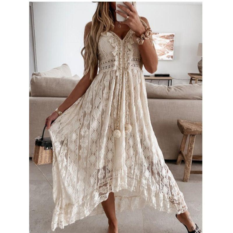Summer New Arrival European and American Sexy V-neck Lace Cut-out Ruffled Irregular Swing Sling Dress Dress for Women