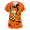 Women's V-Neck Short Sleeve Scrub Top with Pockets, Halloween Print Caregiver Uniform Shirt