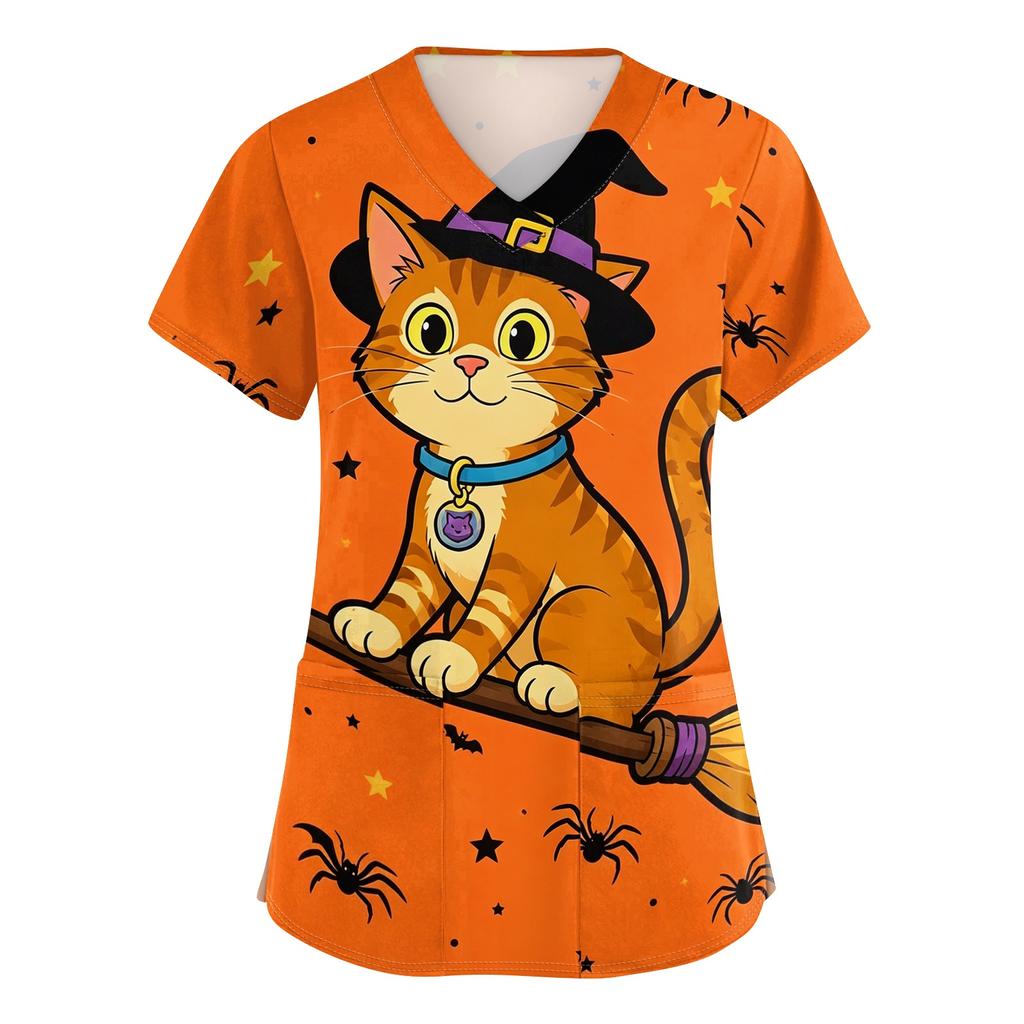 Women's V-Neck Short Sleeve Scrub Top with Pockets, Halloween Print Caregiver Uniform Shirt