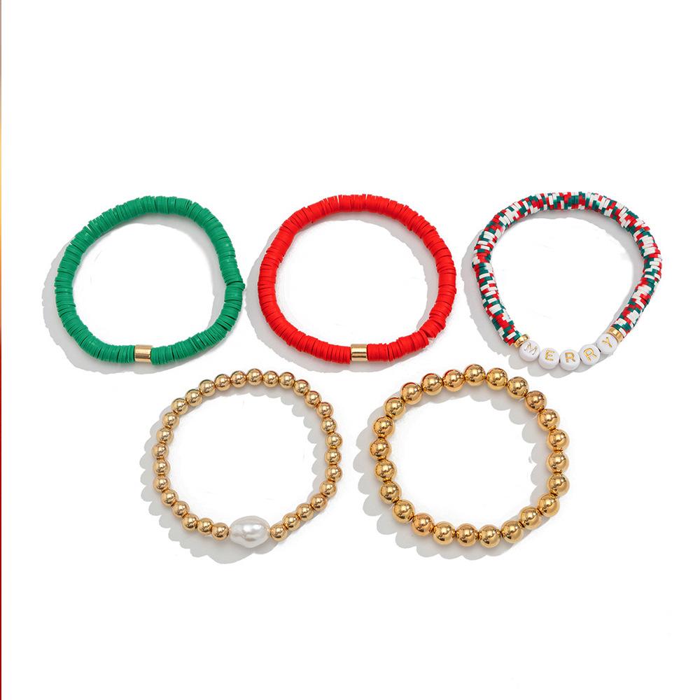 

Handmade Christmas Polymer Clay Beaded Bracelet Set – European & American Holiday Bangle with Christmas Letter Charms