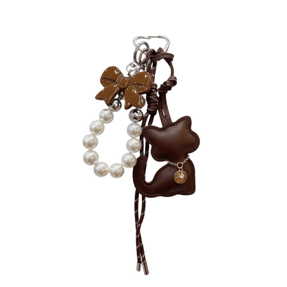 

INS Pearl String Leather Cat Pendant Cartoon Cute Key Ring Bowknot Creative Bag Hanging Charms Backpack Charms кофейный