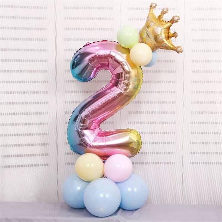 Gradient Color Crown Number Balloon Pillar, 32-40 Inch, First Birthday Party Decoration