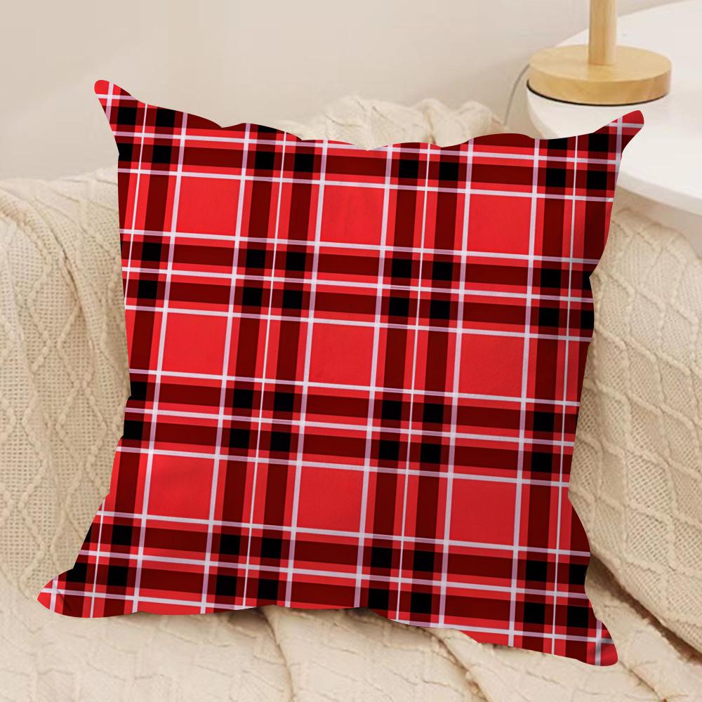 Red Plaid Cushion Cover Soft Plush Fabric Double-Sided Printed Sofa Cushion Cover for All Seasons Home Decor Gift
