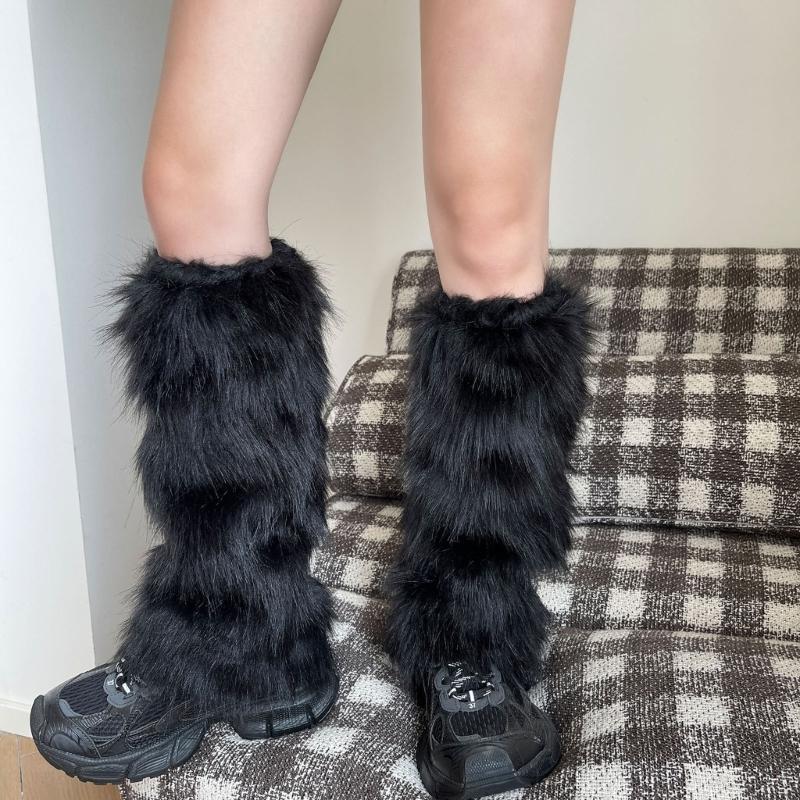 Soft Faux Furs Leg Sleeves Winter Leg Warmers Elastic Thermal Protective Boot Covers Footless Socks For Women Hosiery