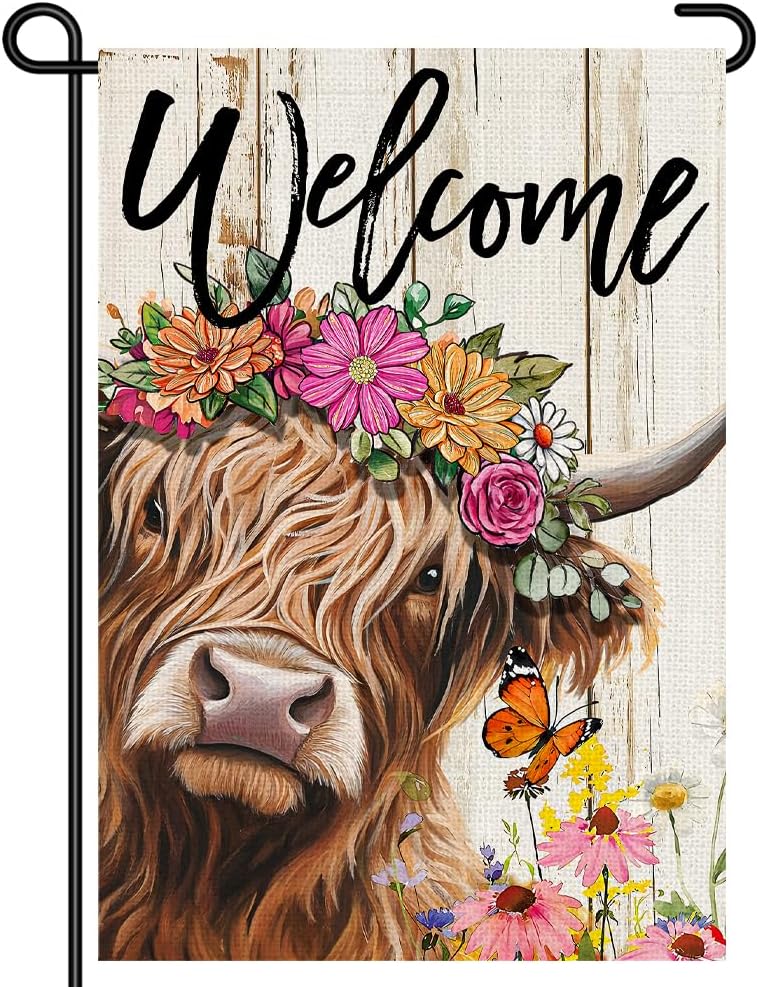 Spring Garden Ag 12x18, Highland Cow Welcome Yard Ag with Ower Crown, Rustic Farmhouse Oral Garden Sign, Double Side