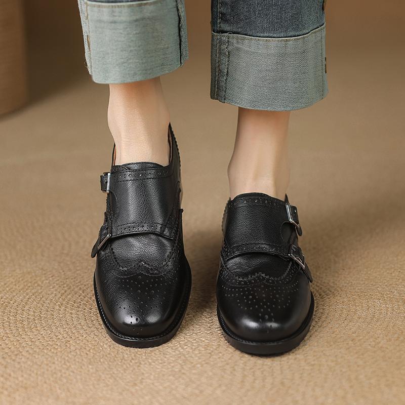 Fashion Women Oxford Low Heel 2025 Spring Shoes for Woman Genuine Leather Brogues Vintage Buckle Loafers Casual Black Brown Girls Shoes