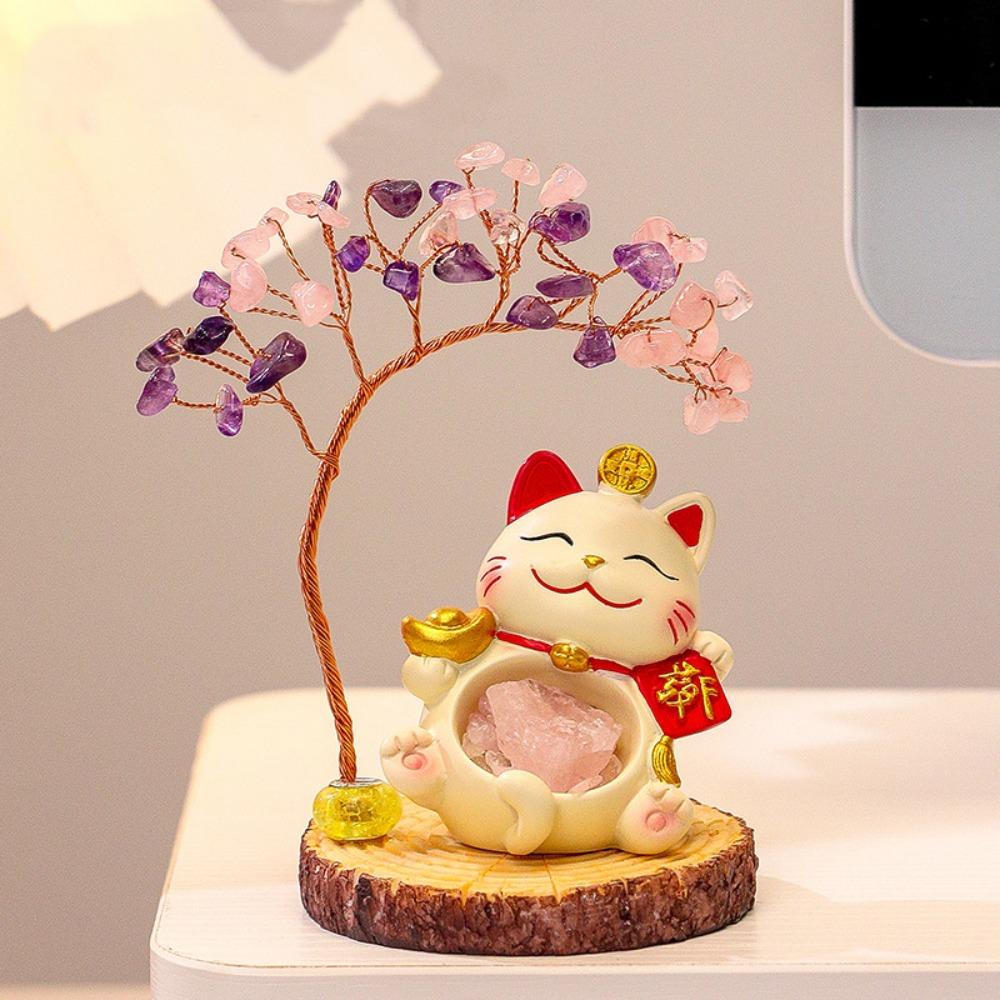 Creative Design Natural Crystal Crystal Tree Colorful Gravel Fortune Cat Fortune Tree Christmas Gifts
