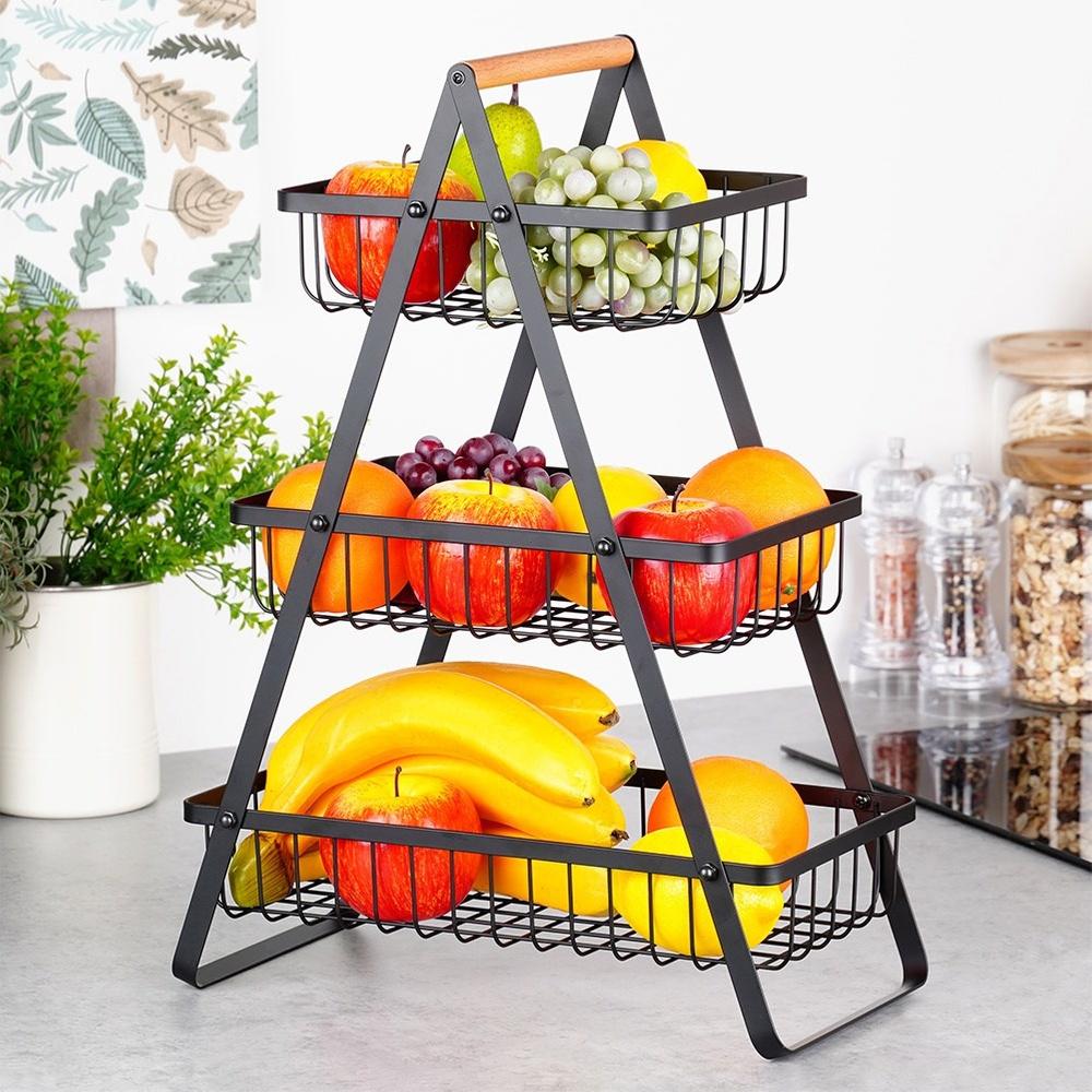 Three-tier basket for fruits and vegetables, black metal platter