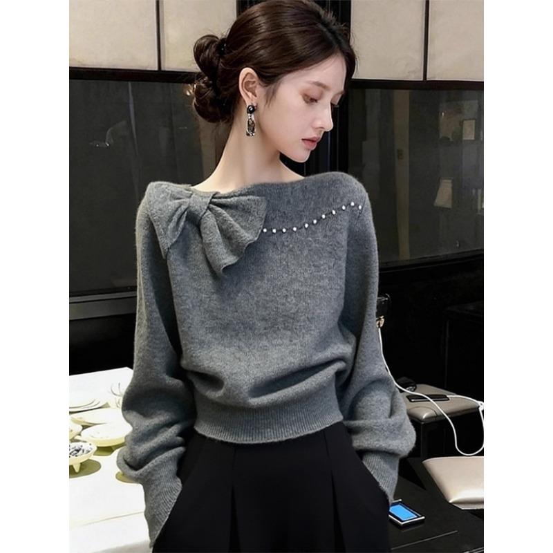 

Bow Sweater Autumn and Winter New Style Long Sleeve Top Onesize сірий