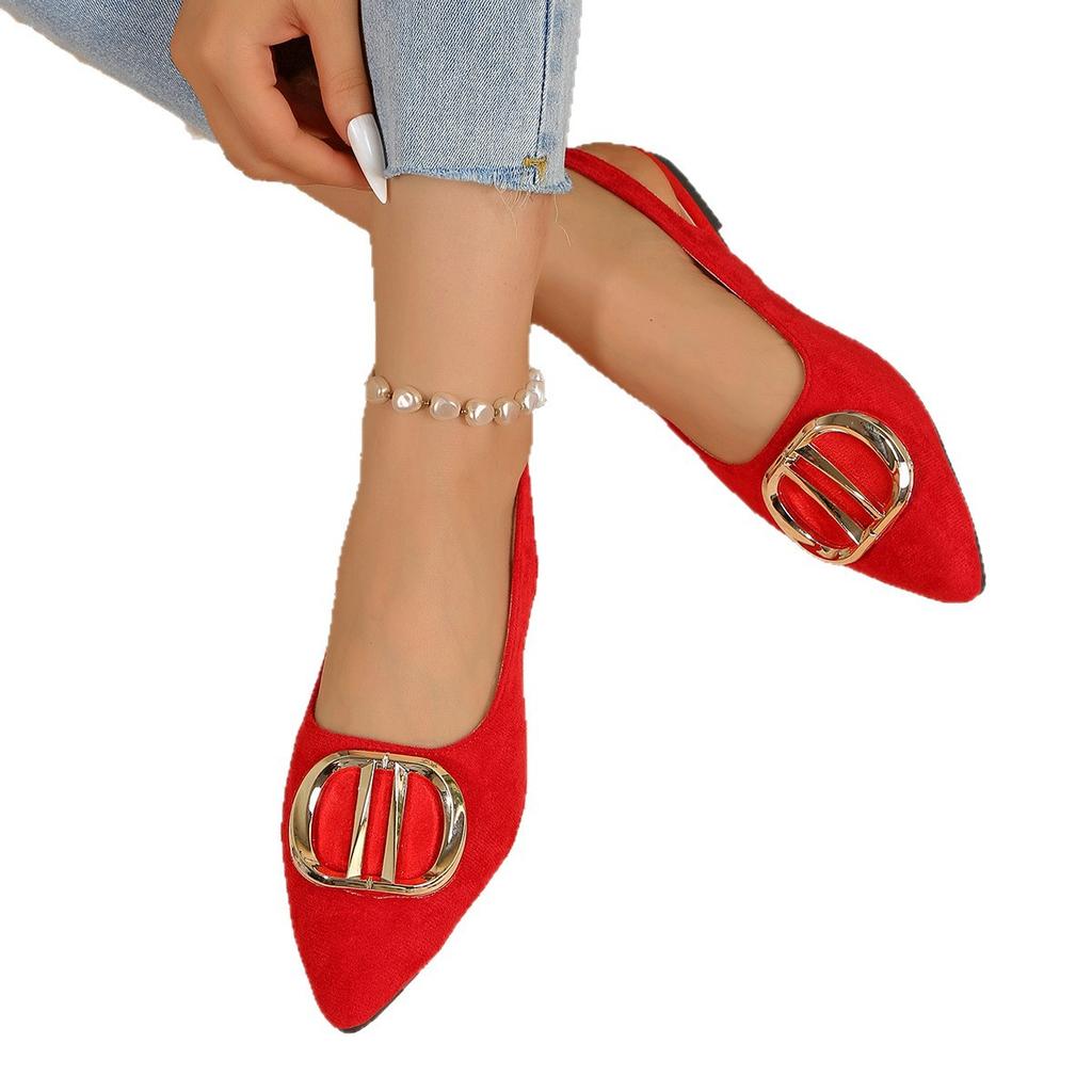 2025 summer new foreign trade large size one pedal metal buckle European and American fashion flat bottom pointed sandals women's shoes