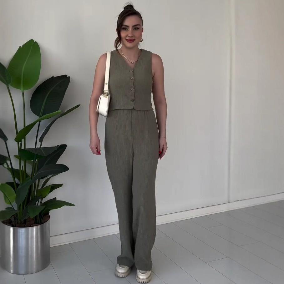 2025 summer European and American women's clothing cross-border comfortable casual versatile commuter sleeveless button top pants two-piece set