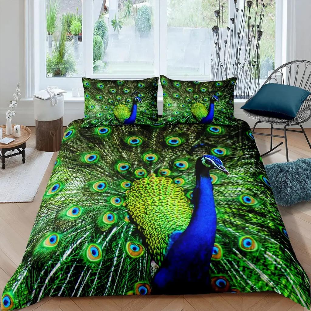Peacock Feather Duvet Cover Set Full Queen Size Birds Feather Bedding Sets Chic Fantasy Peacock Feathers Comforter Cover 3 Pcs