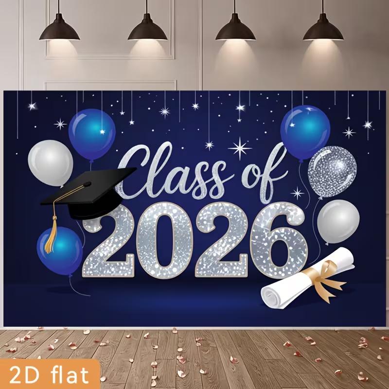 2D Class of 2026 Graduation Banner with Cap and Scroll for Graduation Event