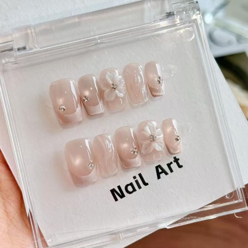 10Pcs Nude Cat Eye Press On Nails - Water Ripple & 3D Flower Fake Nails XS