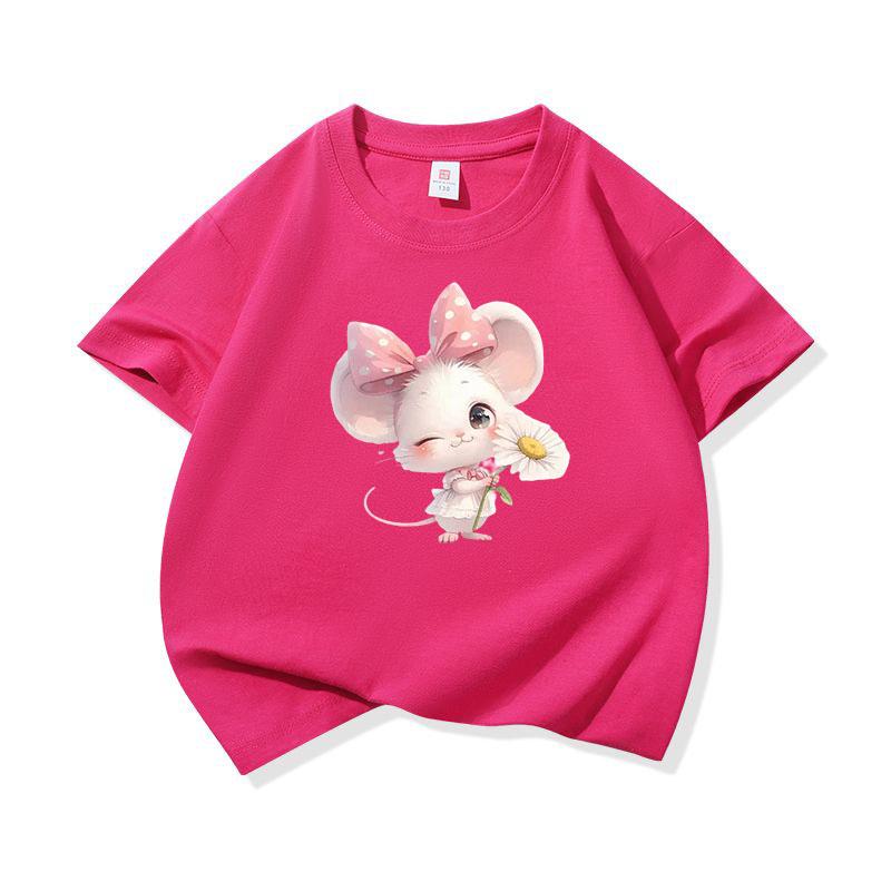 Kids Cotton T Shirt Adorable Mouse With Bow  Flower Print Crew Neck Short Sleeve Tee Casual Boys Girls Summer Tops