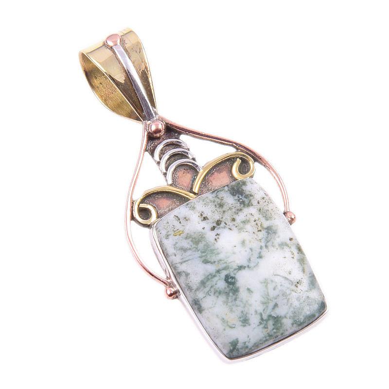 Natürlicher Grüner Dendrit Opal Edelstein 925 Sterlingsilber Zweifarbig Anhänger 1,50" s5b73