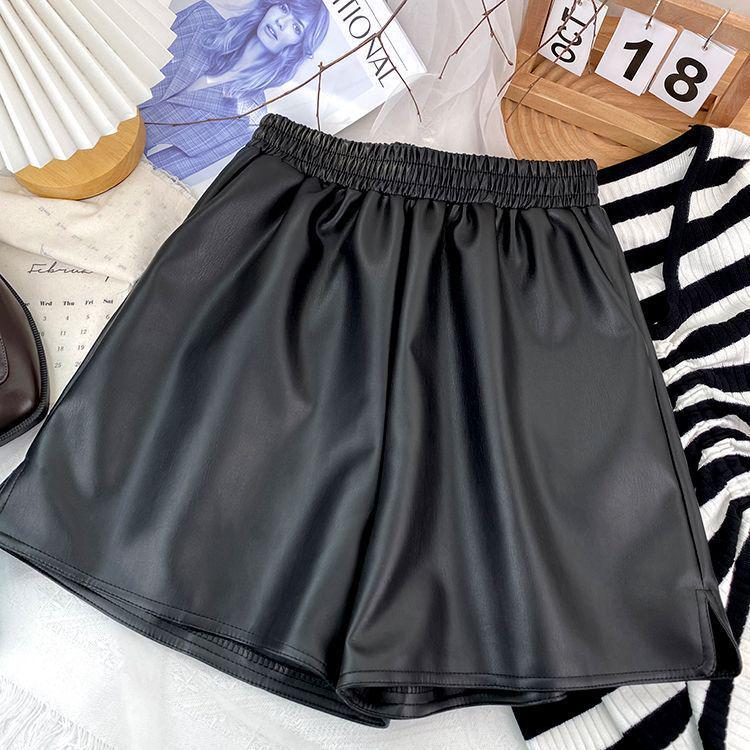 Plus Size Women's Elastic Waist PU Leather Wide Leg Shorts - Fashionable, Slimming, Versatile, with Small Slit
