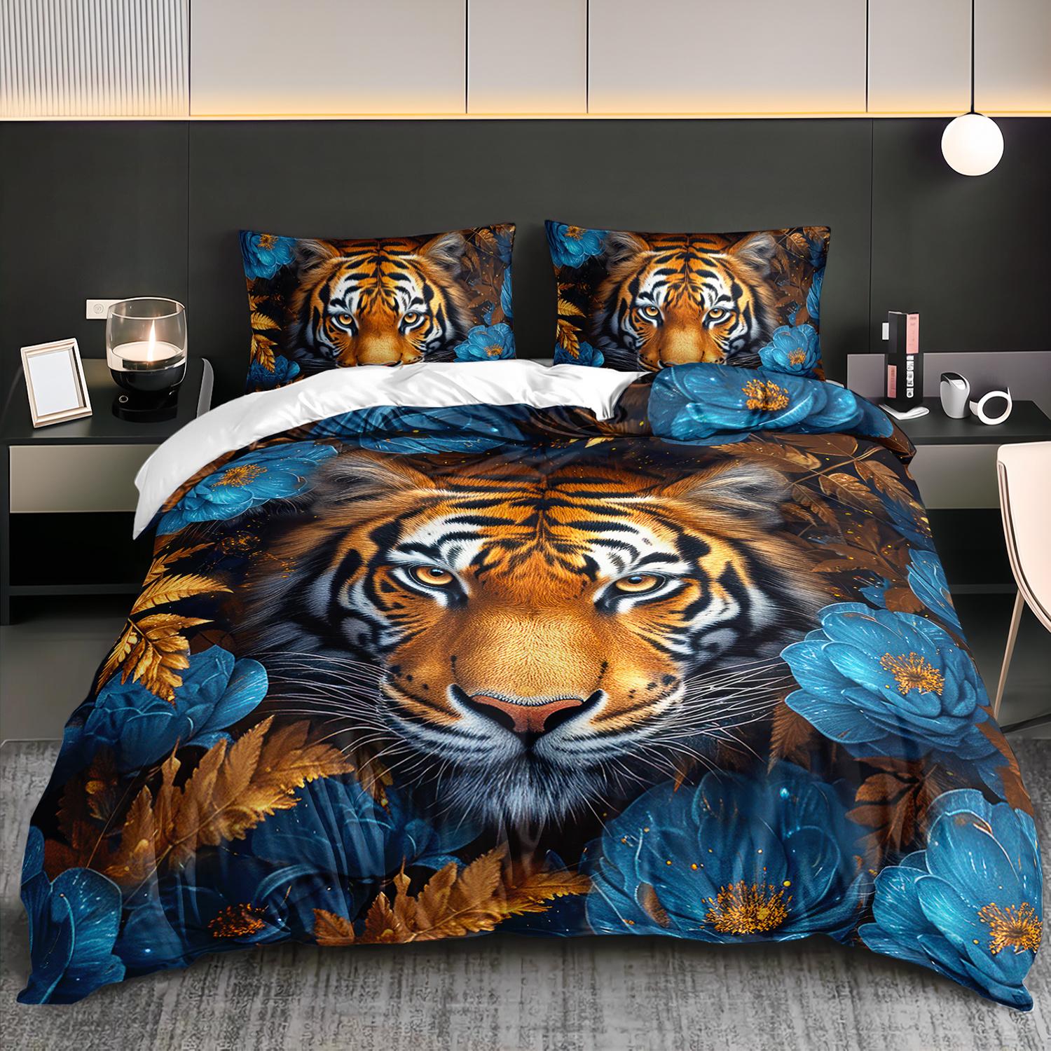 

3Pcs Luxury Tiger Floral Bedding Duvet Cover Set Tiger Floral Bedding Quilt Set Bohemian Themed Bed Quilt Set Elegant Tiger Duvet Cover Set&AU Single(140x210cm)