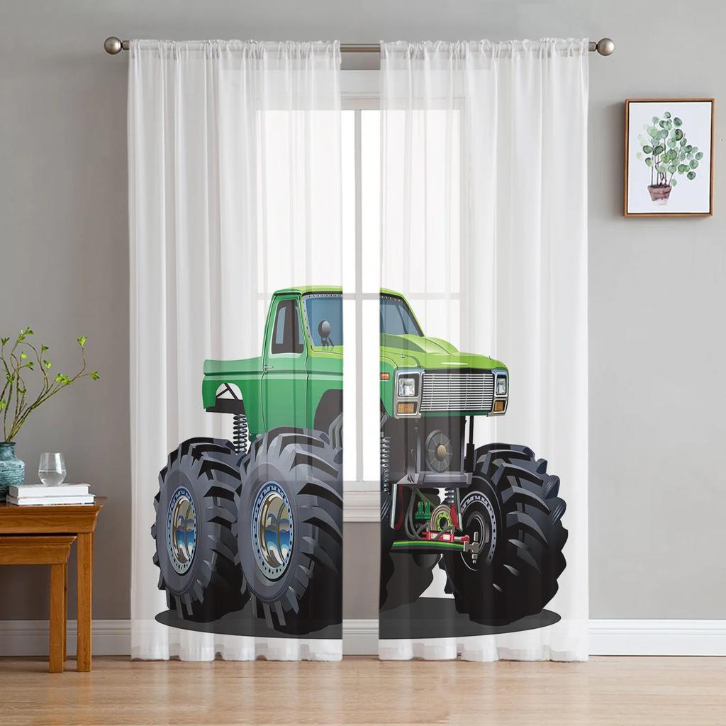 Truck Car Cartoon Voile Curtains Window Treatment Kitchen Living Room Bedroom Decoration Chiffon Tulle Modern Light Filtering Made Of Polyester
